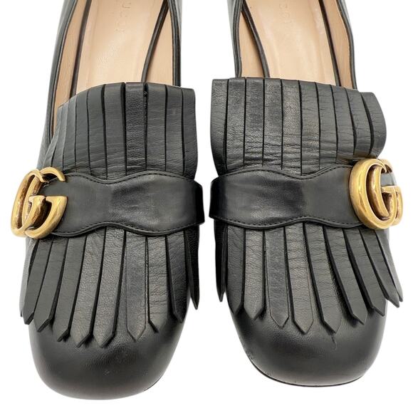 Gucci Marmont GG Fringe Loafers Low Block Heel Pumps Black LeatherSize 39 US 9 - Picture 5 of 15